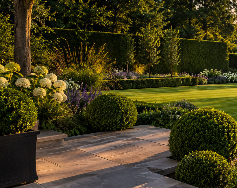 Beautifully maintained green lawn and formal planting