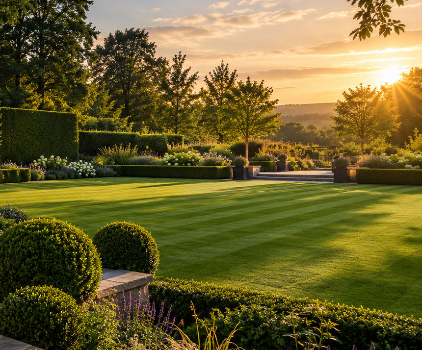 Well maintained hedges bordering a landscaped garden