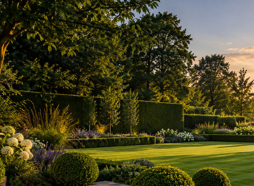 Pristine landscaped grounds with formal borders